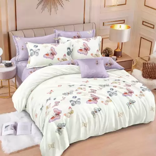 Lenjerie pat dublu cu ELASTIC, Finet, 6 piese, Lila, fluturi