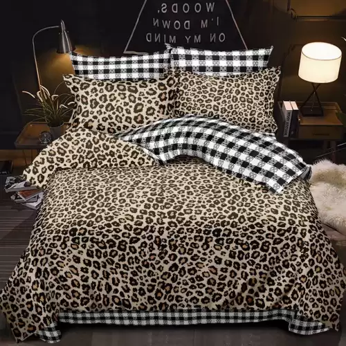 Lenjerie pat dublu cu ELASTIC, Finet, 6 piese, Maro, animal print