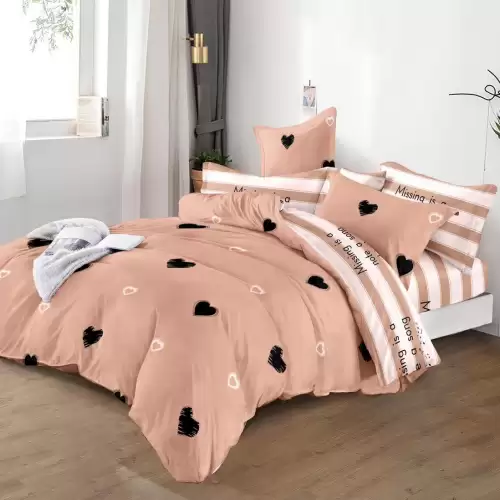 Lenjerie pat dublu cu ELASTIC, Finet, 6 piese, Maro, inimioare