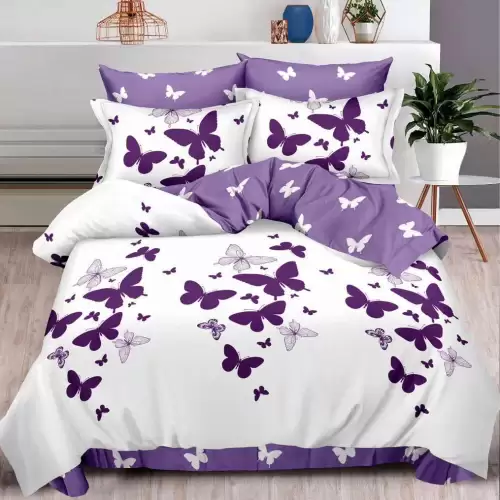 Lenjerie pat dublu cu ELASTIC, Finet, 6 piese, Mov, fluturi