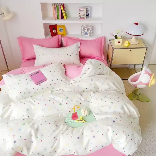 Lenjerie pat dublu cu ELASTIC, Finet, 6 piese, Roz, buline