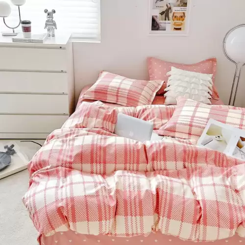 Lenjerie pat dublu cu ELASTIC, Finet, 6 piese, Roz, carouri