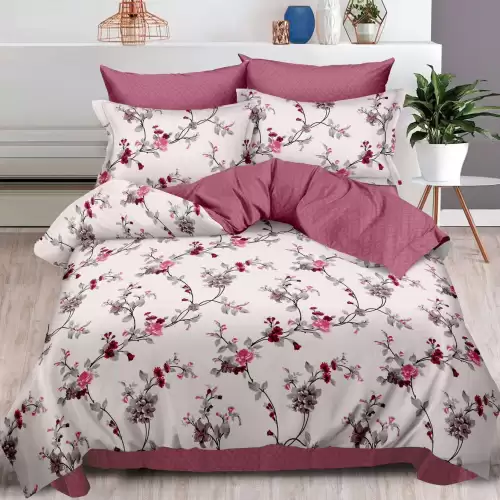 Lenjerie pat dublu cu ELASTIC, Finet, 6 piese, Roz, flori