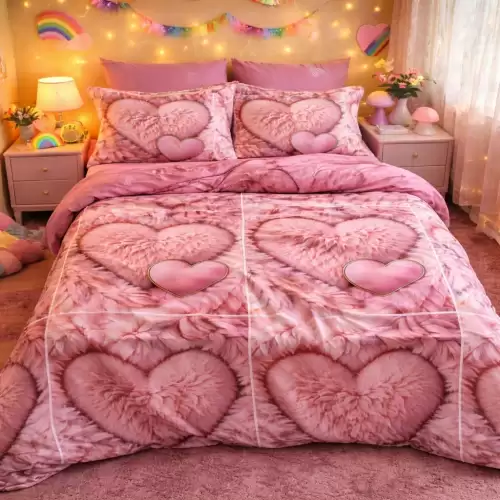 Lenjerie pat dublu cu ELASTIC, Finet, 6 piese, Roz, inimioare pufoase