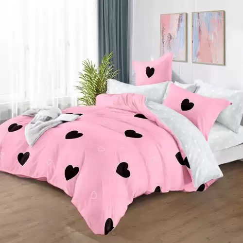 Lenjerie pat dublu cu ELASTIC, Finet, 6 piese, Roz, inimioare