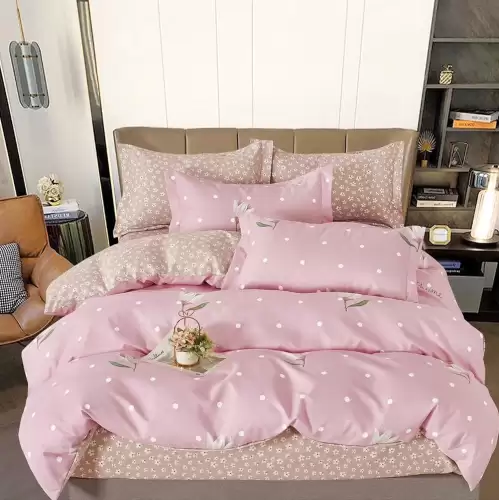 Lenjerie pat dublu cu ELASTIC, Finet, 6 piese, Roz, magnolii, buline