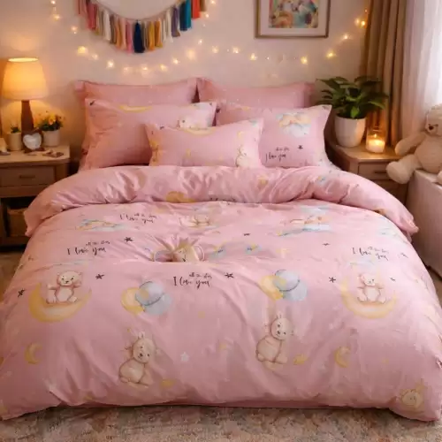 Lenjerie pat dublu cu ELASTIC, Finet, 6 piese, Roz, ursuleti