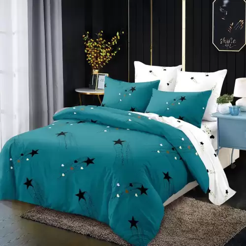 Lenjerie pat dublu cu ELASTIC, Finet, 6 piese, Turquoise, stelute