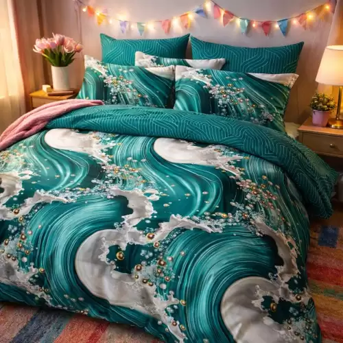 Lenjerie pat dublu cu ELASTIC, Finet, 6 piese, Verde, abstract