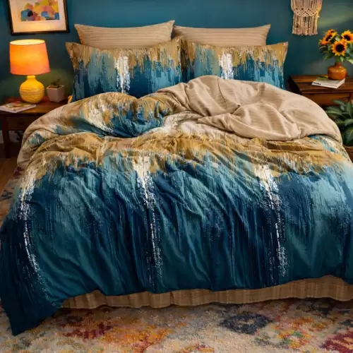 Lenjerie pat dublu cu ELASTIC, Finet, 6 piese, Verde, abstract