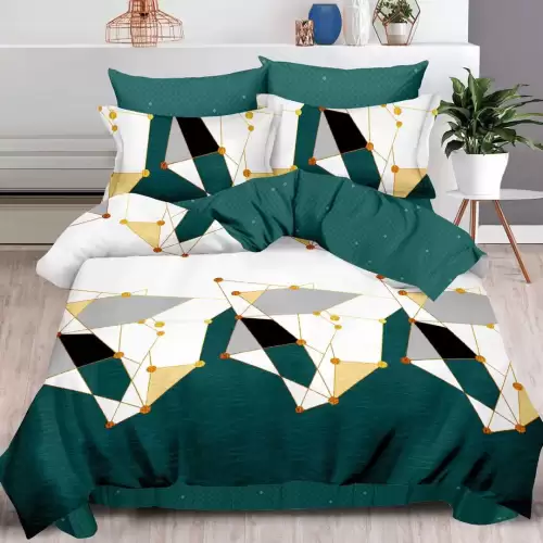 Lenjerie pat dublu cu ELASTIC, Finet, 6 piese, Verde, forme geometrice