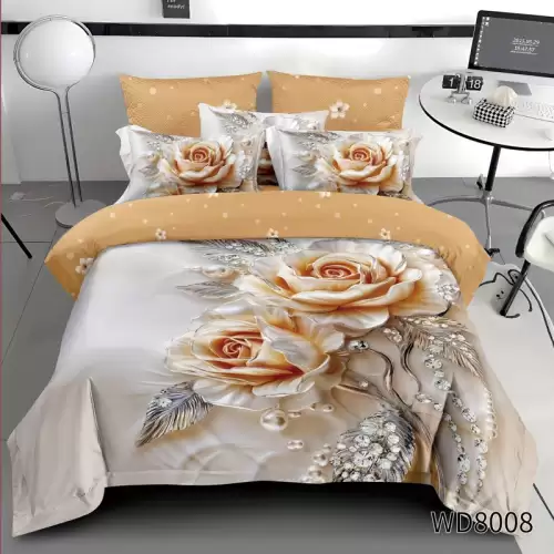 Lenjerie pat dublu, FINET, 5D Digital Print, cu Elastic, 6 piese, Bej, Trandafiri