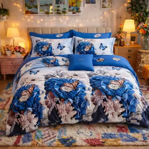 Lenjerie pat dublu, Finet, 6 piese, Alb, Albastru, fluturi