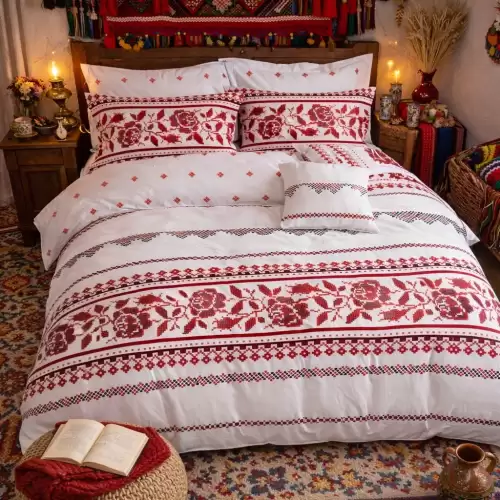 Lenjerie pat dublu, Finet, 6 piese, Alb-Rosu, model traditional