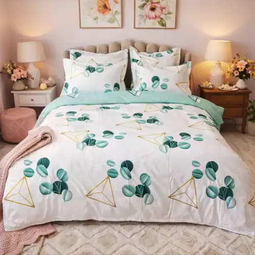 Lenjerie pat dublu, Finet, 6 piese, Alb-Verde, frunze