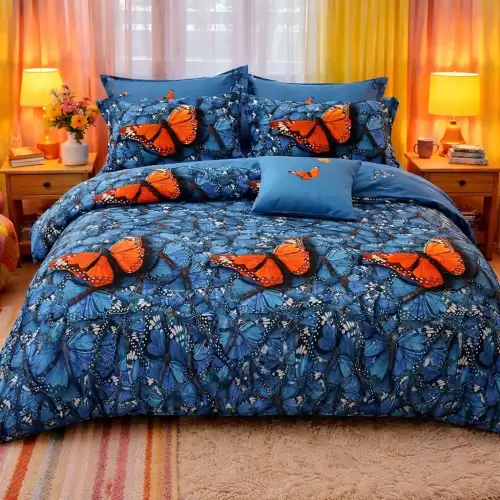 Lenjerie pat dublu, Finet, 6 piese, Albastru, fluturi portocalii
