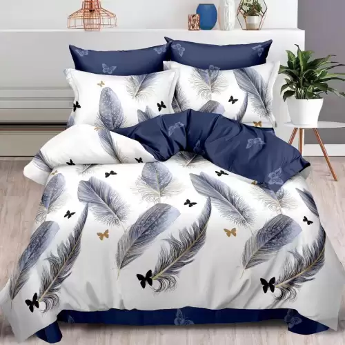 Lenjerie pat dublu, Finet, 6 piese, Albastru, pene, fluturi