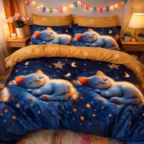 Lenjerie pat dublu, Finet, 6 piese, Albastru, pisicute