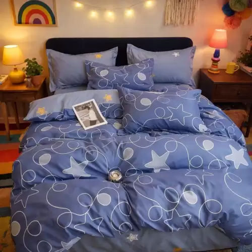 Lenjerie pat dublu, Finet, 6 piese, Albastru, stelute