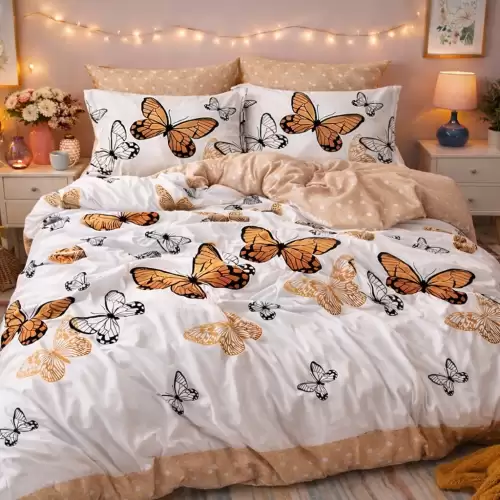 Lenjerie pat dublu, Finet, 6 piese, Bej, fluturi