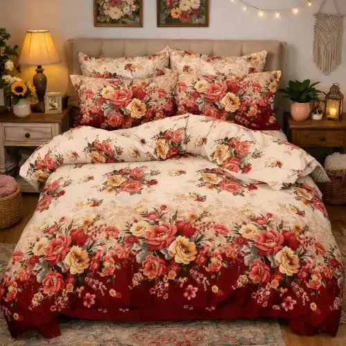 Lenjerie pat dublu, Finet, 6 piese, Bej-Rosu, flori