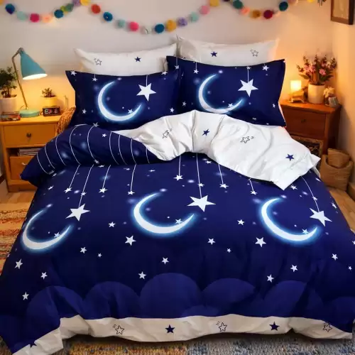 Lenjerie pat dublu, Finet, 6 piese, Bleumarin, stelute