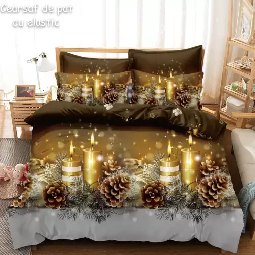 Lenjerie pat dublu,  FINET, 6 piese, cu ELASTIC, Craciun, Jojo Home, Auriu-Multicolor, crengute de brad, conuri, lumanari