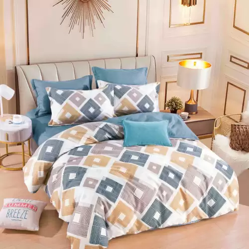 Lenjerie pat dublu, FINET, 6 piese, cu ELASTIC, Jojo Home, Alb, Albastru, Bej, Romburi