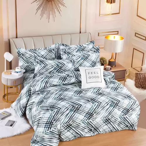 Lenjerie pat dublu, FINET, 6 piese, cu ELASTIC, Jojo Home, Alb, Albastru, dungi