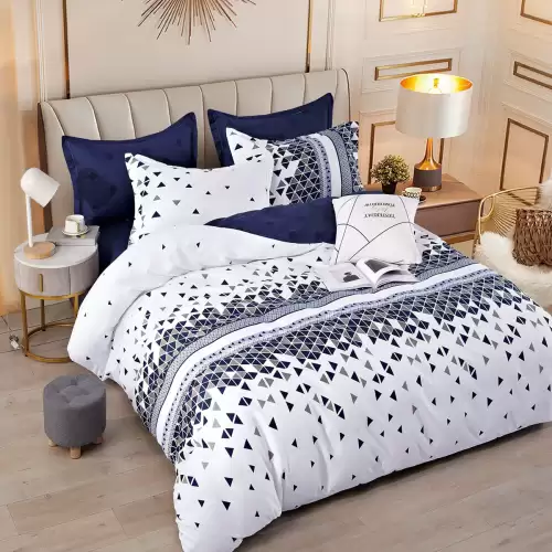 Lenjerie pat dublu, FINET, 6 piese, cu ELASTIC, Jojo Home, Alb-Bleumarin, forme geometrice