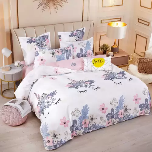 Lenjerie pat dublu,  FINET, 6 piese, cu ELASTIC, Jojo Home, Alb-Multicolor, unicorni, flori