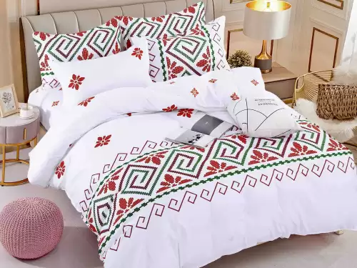 Lenjerie pat dublu,  FINET, 6 piese, cu ELASTIC, Jojo Home, Alb-Rosu, model traditional