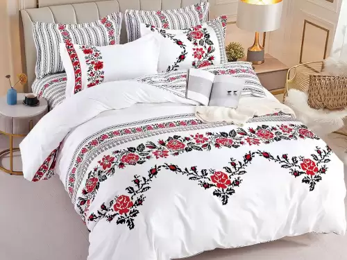 Lenjerie pat dublu, FINET, 6 piese, cu ELASTIC, Jojo Home, Alb-Rosu, model traditional