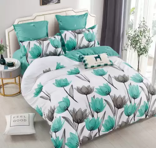 Lenjerie pat dublu, FINET, 6 piese, cu ELASTIC, Jojo Home, Alb, Turquoise, Lalele