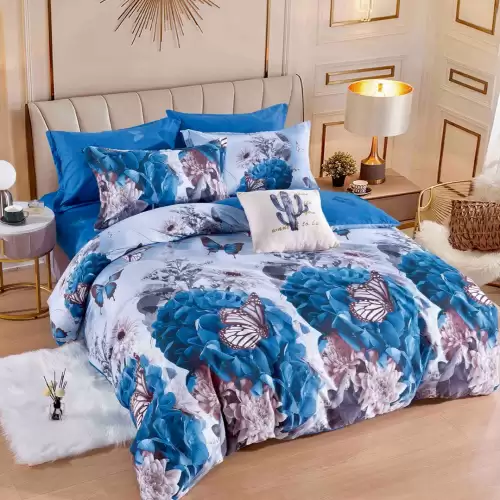 Lenjerie pat dublu, FINET, 6 piese, cu ELASTIC, Jojo Home, Albastru, flori, fluturi