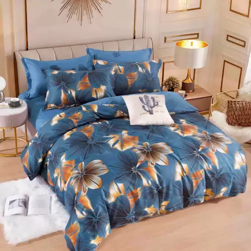 Lenjerie pat dublu, FINET, 6 piese, cu ELASTIC, Jojo Home, Albastru, flori