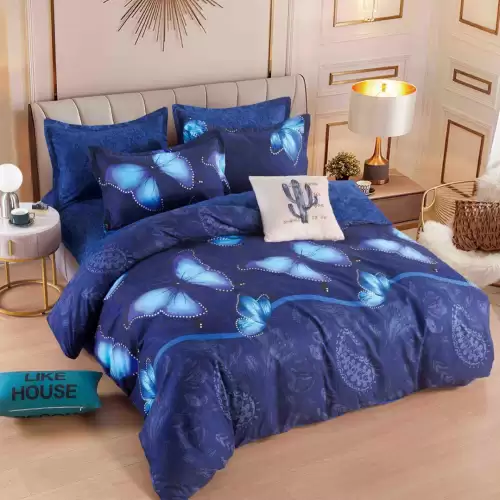 Lenjerie pat dublu,  FINET, 6 piese, cu ELASTIC, Jojo Home, Albastru, fluturi