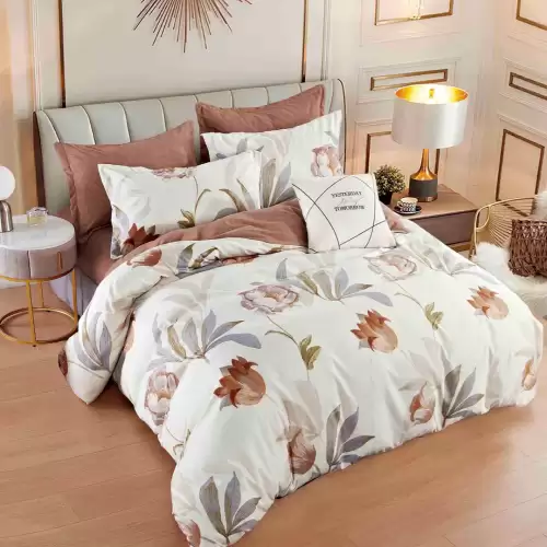 Lenjerie pat dublu, FINET, 6 piese, cu ELASTIC, Jojo Home, Bej, flori