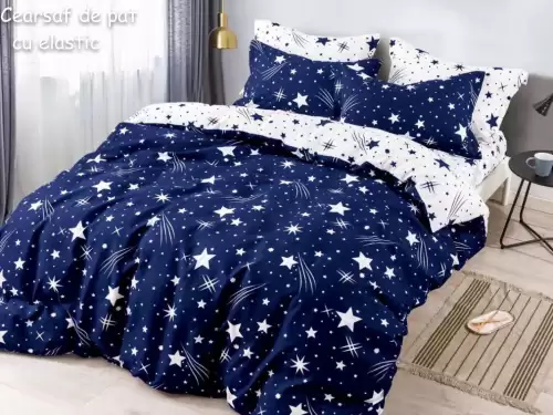 Lenjerie pat dublu, FINET, 6 piese, cu ELASTIC, Jojo Home, Bleumarin-Alb, stelute