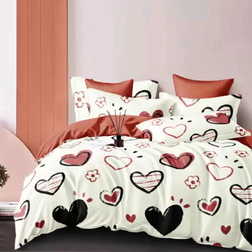 Lenjerie pat dublu, FINET, 6 piese, cu ELASTIC, Jojo Home, Crem, Inimioare