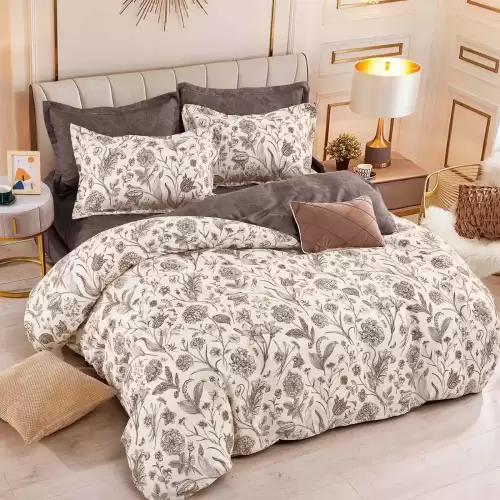 Lenjerie pat dublu, FINET, 6 piese, cu ELASTIC, Jojo Home, Crem, Maro, flori