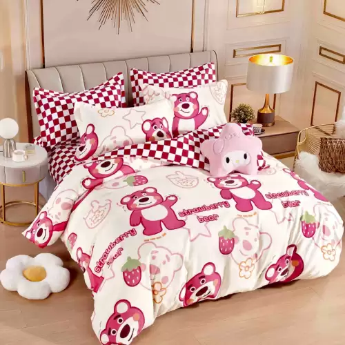 Lenjerie pat dublu,  FINET, 6 piese, cu ELASTIC, Jojo Home, Crem-Rosu, ursuleti, capsune