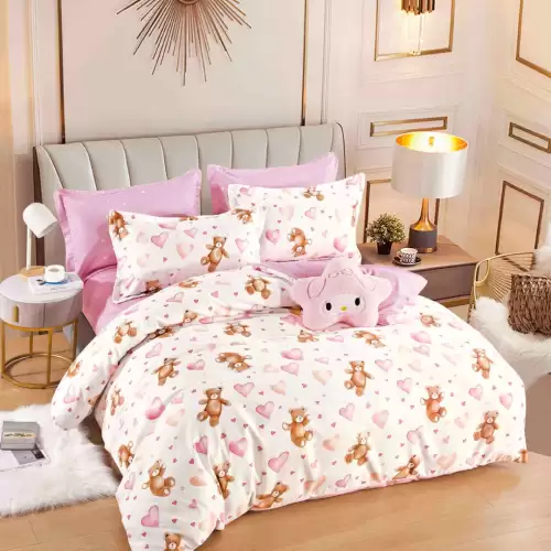 Lenjerie pat dublu, FINET, 6 piese, cu ELASTIC, Jojo Home, Crem, Roz, Ursuleti