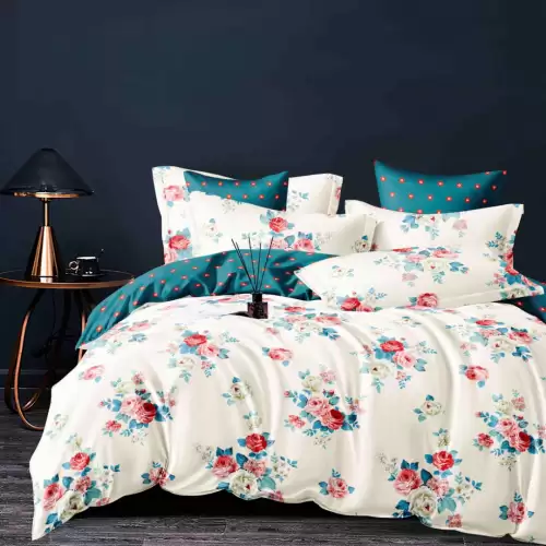 Lenjerie pat dublu, FINET, 6 piese, cu ELASTIC, Jojo Home, Crem, Turquoise, Flori