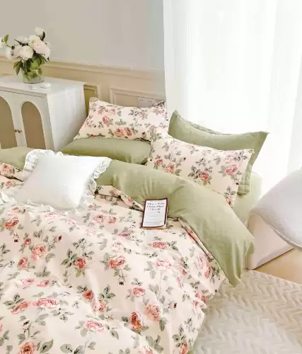 Lenjerie pat dublu, FINET, 6 piese, cu ELASTIC, Jojo Home, Crem, Vernil, flori