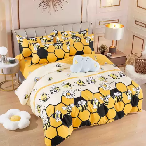 Lenjerie pat dublu, FINET, 6 piese, cu ELASTIC, Jojo Home, Galben, albinute, flori