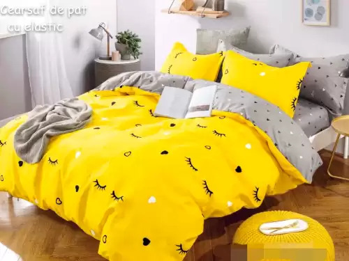 Lenjerie pat dublu, FINET, 6 piese, cu ELASTIC, Jojo Home, Galben-Gri, gene