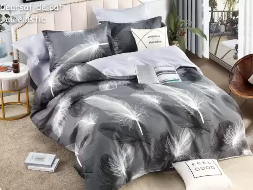 Lenjerie pat dublu, FINET, 6 piese, cu ELASTIC, Jojo Home, Gri-Alb, pene