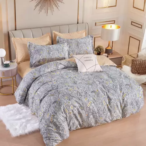 Lenjerie pat dublu, FINET, 6 piese, cu ELASTIC, Jojo Home, Gri, Bej, Model Oriental