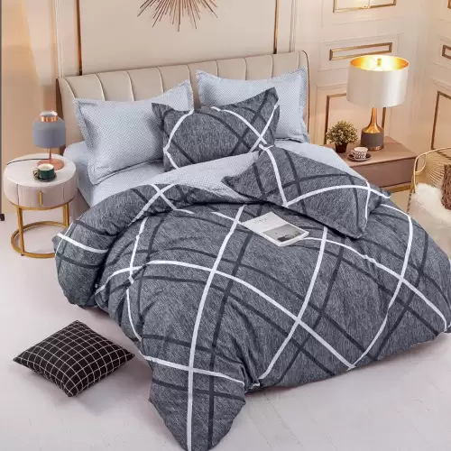 Lenjerie pat dublu, FINET, 6 piese, cu ELASTIC, Jojo Home, Gri, Dungi